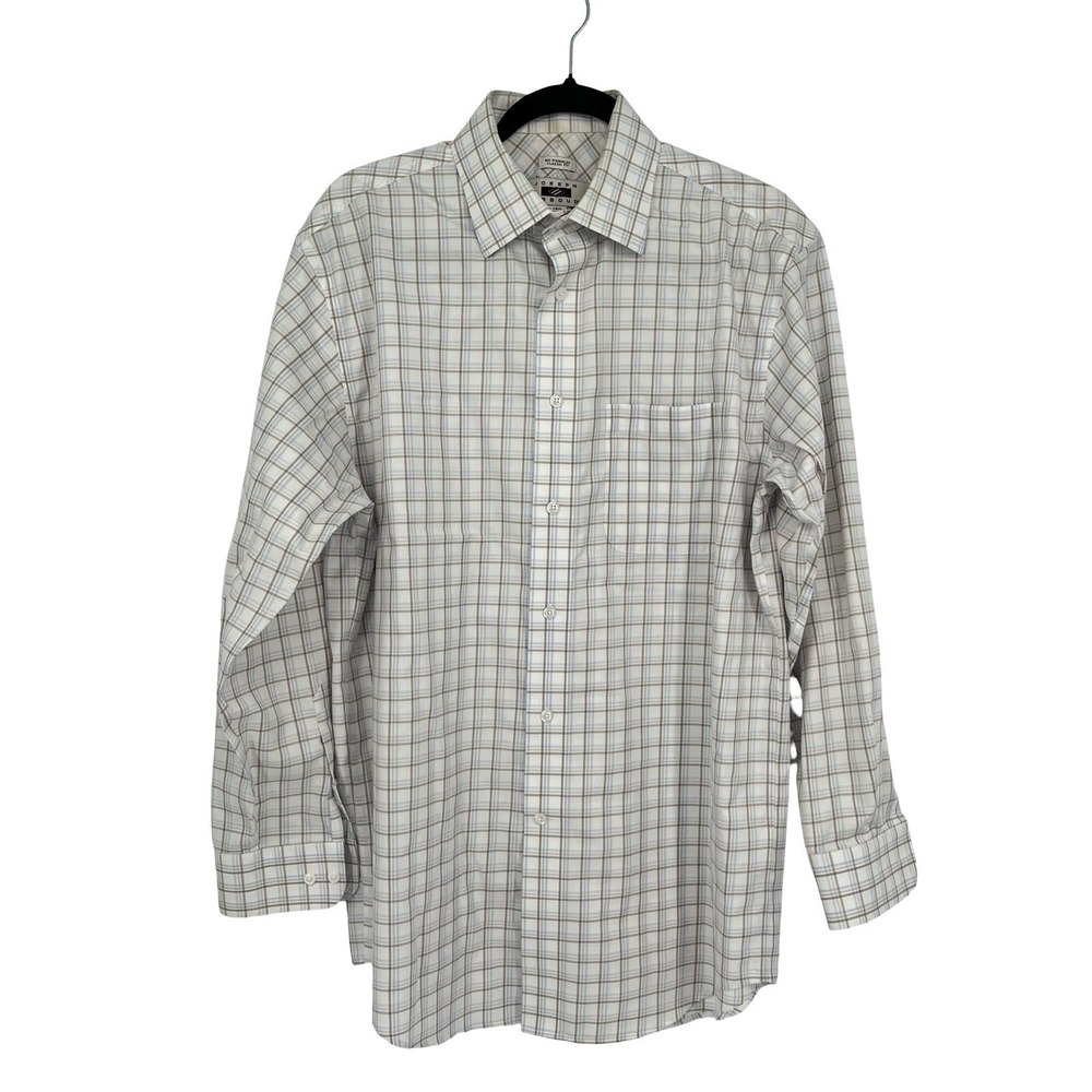 Joseph Abboud Men's Dress Shirt 15.5 32/33 White Brown Plaid Egyptian Cotton